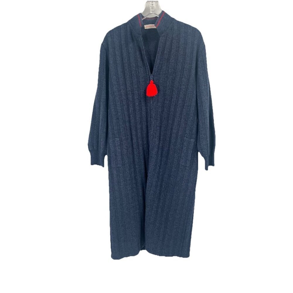 Navy Blue Sweater Dress Maxi Shacket Full Zip Ribbed Pockets Tassel Sz M Boho - Picture 1 of 5
